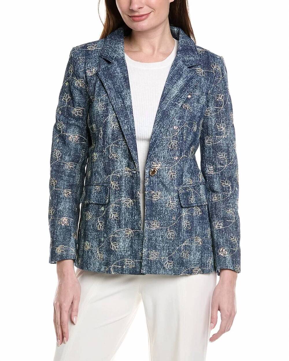NEW GRACIA flower embroidered denim blazer in blue